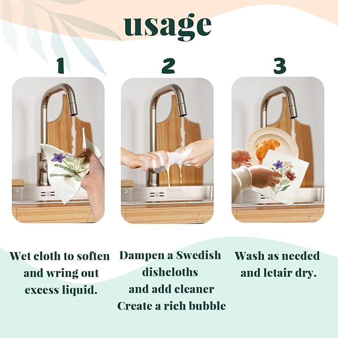 Spring Flower Swedish Dishcloths for Kitchen, Swedish Dish Cleaning Cloths for Floral, Papaya Reusable Paper Towels, 4 Pack Dish Towels for Kitchen, Reusable Paper Dishcloths Washable