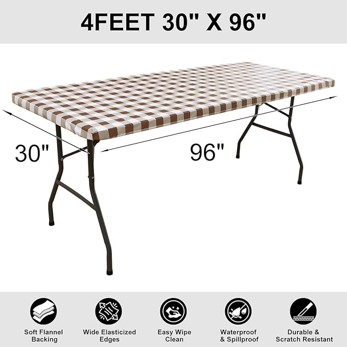 Smiry Rectangle Picnic Table Cloth, Elastic Waterproof Fitted Vinyl Tablecloths, Flannel Backed Buffalo Plaid Table Covers for Dining, Camping, Outdoor (White and Brown, 30" x 96")