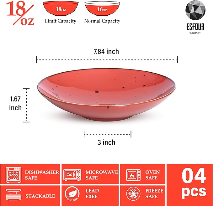 Esfour Ceramic 7.84 Inch Serving Bowls - Set of 6 | 20 Oz Large Pasta Salad Bowls, Microwave/Oven Safe, Wide Shallow Porcelain Bowls for Party, Dinner, Entertaining, Stackable - Vivid Assorted Colors