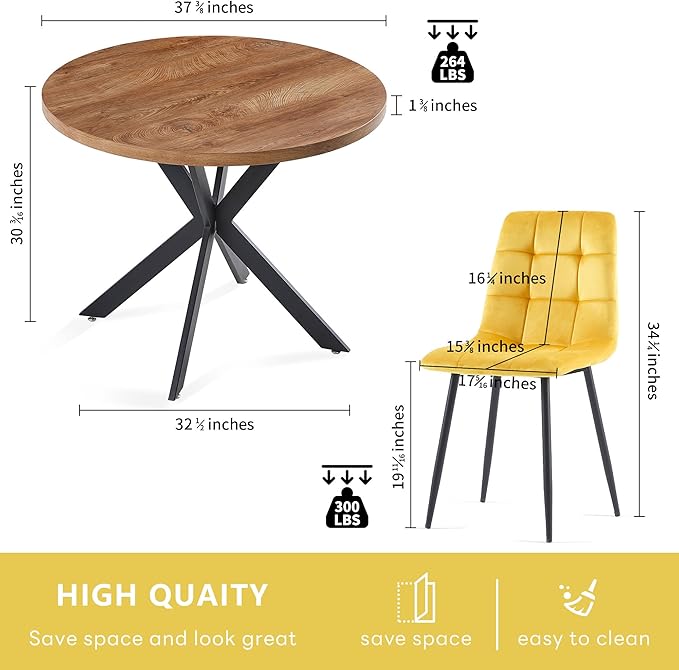 5 Pieces Dining Table Set for 4, 37" Round Kitchen Table Set, Thick MDF Tabletop with 4 Yellow Velvet Dining Chair, Mordern Dining Room Set for Coffee, Living Room