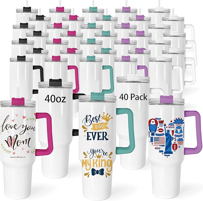 40 oz Sublimation Tumblers 40 Pack with 5 Color Handle Lid and Straw Stainless Steel Double Wall Vacuum Insulated Travel Mug Cup Bulk Blank for DIY Gift