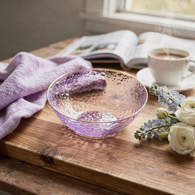 Rubtlamp 30 Pack Clear Purple Disposable Bowls, Clear Plastic Bowls with Gold Rim, 12-16oz Premium Heavy Duty Plastic Dessert Bowls, Purple Disposable Bowls, for Party