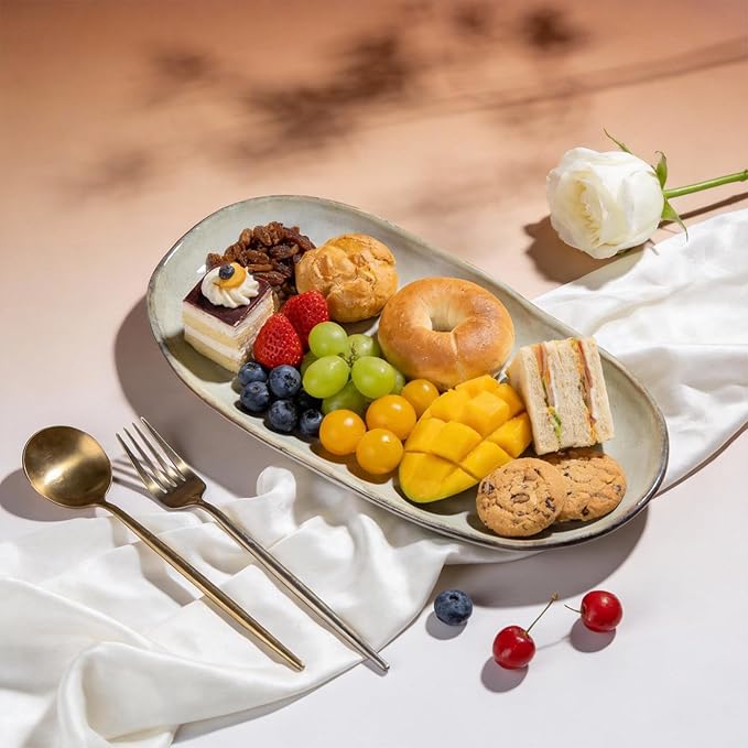 Organic Shape Highland Ceramic Serving Tray, 12pcs 13×7inch Handmade Reactive Glaze Stoneware Tray with Wavy Edge, for Kitchen, Microwave & Dishwasher Safe, Scratch Resistant-Grey