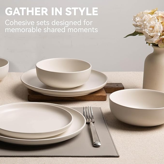 12-Piece Matte White Dinnerware Set,Stoneware Dinnerware for 3, Microwave & Dishwasher Safe, Stackable Design for Kitchen and Dining - Plates,Bowls and Mugs