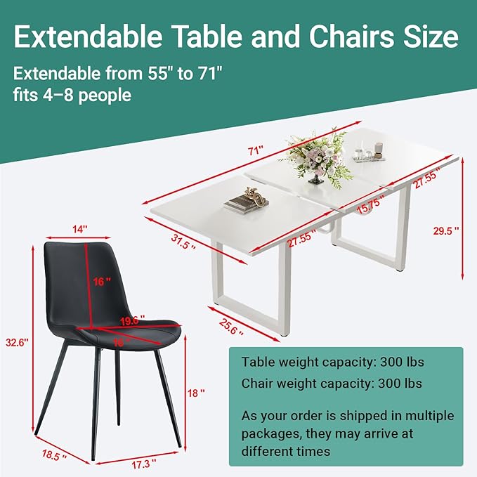 Extendable Dining Table Set for 8, 55"–71" Modern White Kitchen Table with 8 Upholstered Chairs, Space-Saving for Living Room Apartment, Sturdy & Comfortable, Easy Assembly