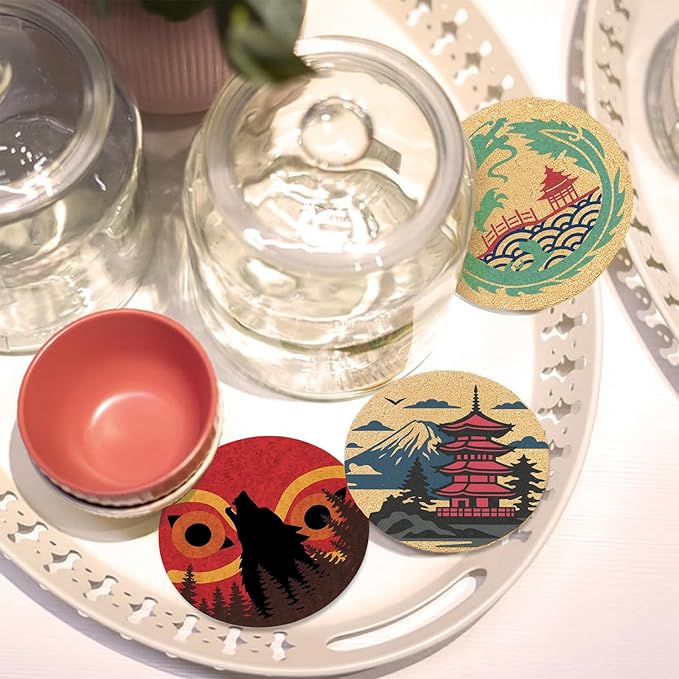 Coasters for Drinks with Holder Set of 6, Japanese Cork Coasters Absorbent Animation for Office Desk Cup Table Coaster Kitchen Decor Inspired House Warming Gifts for New Home Couples, Round 4"