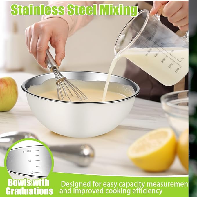 12 Pcs 0.74qt Stainless Steel Mixing Bowls Nesting Metal Prep Salad Bowls with Scale Reusable Baking Cooking Food Soup Storage Organizers for Kitchen Refrigerator