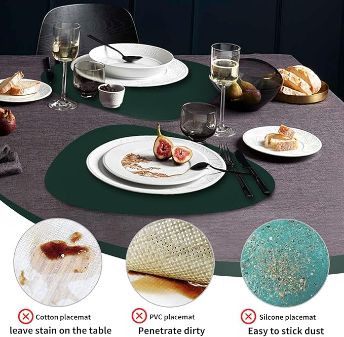 Leather Placemats for Dining Table Set of 2, Heat Resistant Easy to Clean Wipeable Waterproof Washable Modern Placemats for Kitchen Diner Table, Non Slip Anti-Skid Irregular Table Mats, Green