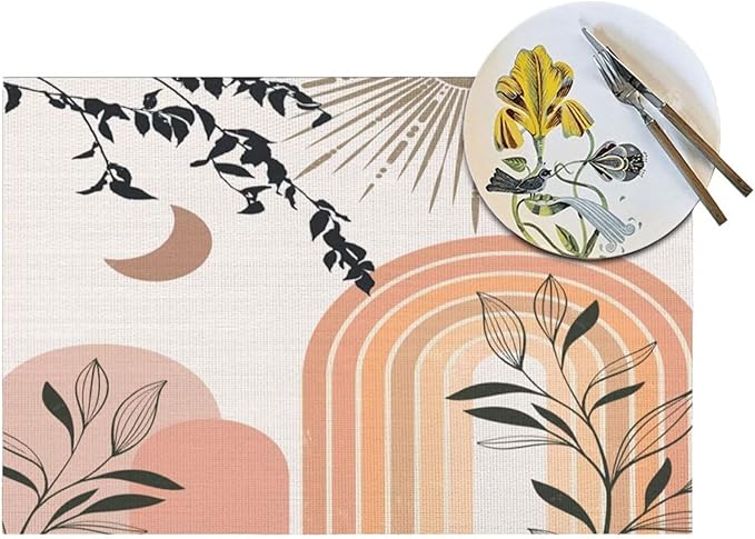 Mid Century Abstract Boho Placemats Geometric Leaf Sun Minimalist Modern Cafe Washable Place Mats 12x18Inch for Dining Kitchen Farmhouse Decor 6 PCS