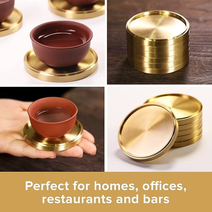 Heavy Brass Coasters for Drinks (6-Pack) - Solid Bronze Gold Coasters - Classy MCM Style Premium Coaster Set - 5 Star Hotel Table & Bar - Board Room Elegant Copper Cup Holder - L