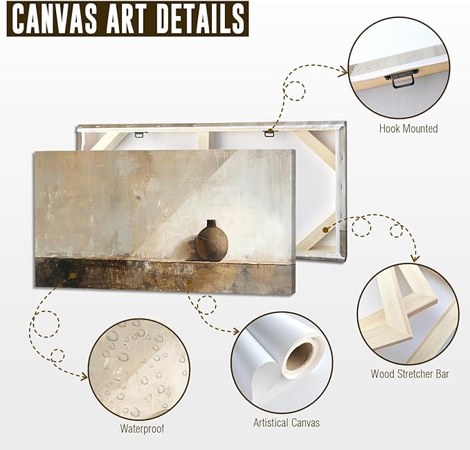 ADJUVANT Wall Art Minimalist Neutral Vase Painting 60" L x 30" W, Earth Tone Canvas Artwork Prints Simple Pottery Pictures Contemporary Rustic Wall Decor for Living Room Bedroom