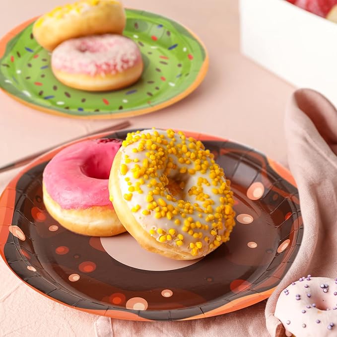 Huwena 100 Pcs Donut Paper Plates 7" Disposable Donut Party Plates Colorful Cute Serving Trays Snack Platter for Theme Birthday Assorted Designs Party Supplies
