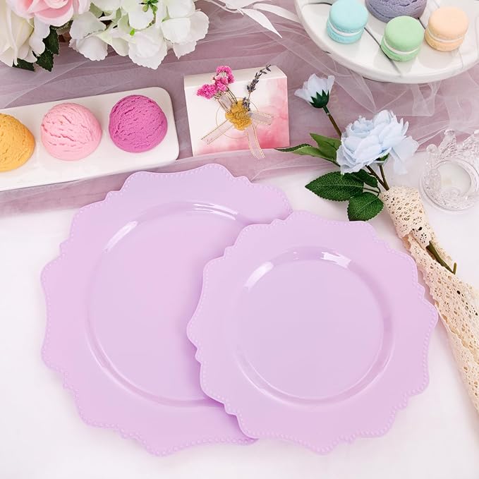 COLOSUS 60Pcs Lavender Purple Plastic Plates set,Heavy Duty Purple Disposable Plates include 30 Dinner plate 10.5” and 30 Salad/Dessert Plate 8.25” for Party and wedding