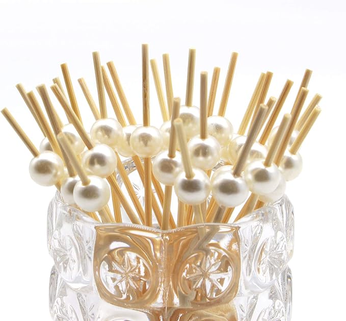 Minisland White Pearl Cocktail Picks, 4.7 Inch Long Bamboo Fancy Toothpicks for Appetizers, Decorative Christmas Bridal Wedding Party Food Drink Garnish Fruit Kabob Skewer Sticks 100 Counts - MSL152