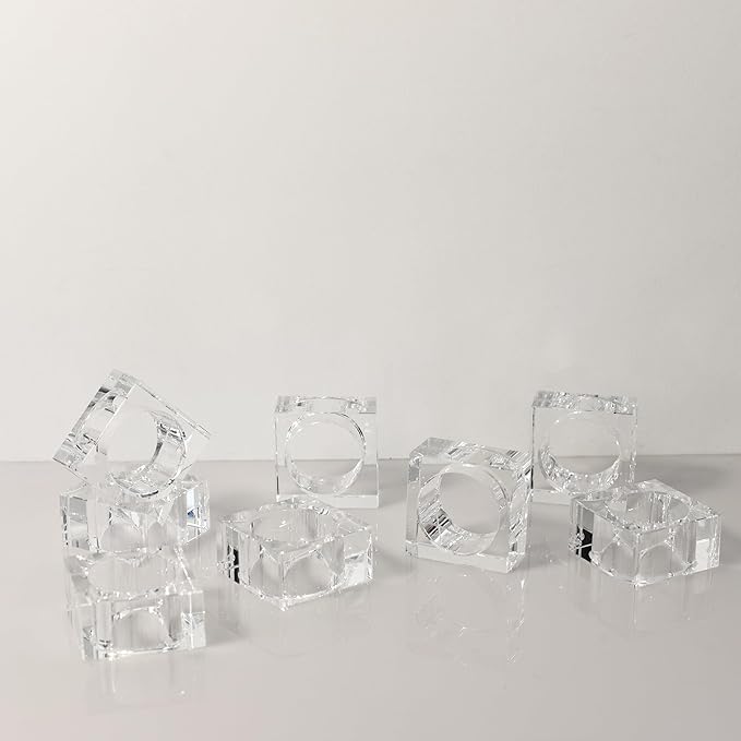 kitCom Mini Napkin Rings Set of 8 Square-Shaped, Crystal Napkin Ring for Thanksgiving, Christmas, Family Gathering, Wedding Reception, Clear with Gift Box