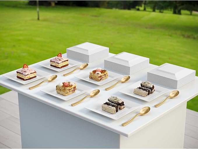 Exquisite Mini Disposable Appetizer Plates - 100 Pack 4.5 In. x 4.5 In. White Plastic Dessert Plates - Elegant Design for Weddings, Birthdays, and Formal Parties - Stackable and Convenient - BPA Free