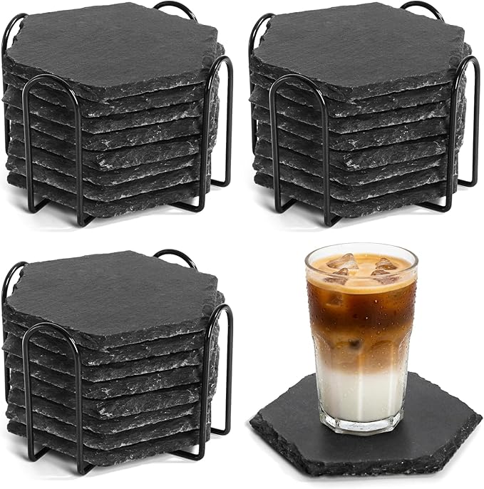 ZOOFOX 24 Pieces Slate Drink Coasters, Hexagon Black Slate Stone Coaster Bulk for Laser Engraving, Beverage Coasters with Non-Slip Bottom Mat for Home Decor, Bar, Housewarming Gifts