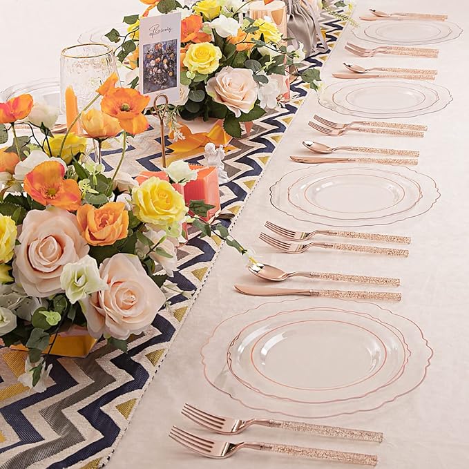 Liacere 150PCS Rose Gold Plastic Plates - Clear Rose Gold Disposable Plates with Glitter Bamboo Handle Cutlery - 60 Baroque Elegant Plates, 30 Forks, 30 Spoons, 30 Knives for Wedding＆Valentine's Day