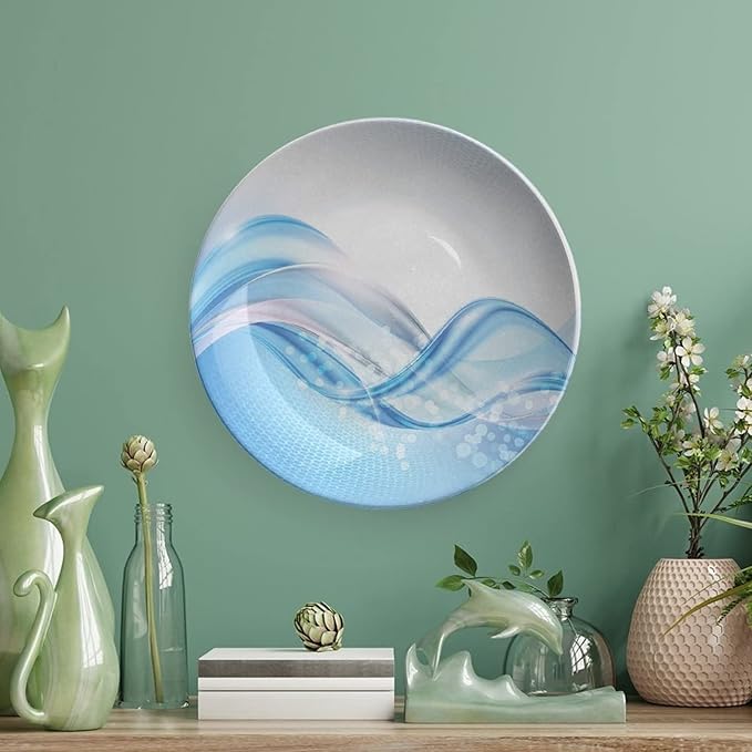 Ceramic Display Plate, Abstract Ceramic Hanging Decorative Plate, Modern Wavy Ocean Surfer Summertime Themed, 6 Inch, Household Custom Ceramic Plate, Pale Blue and White