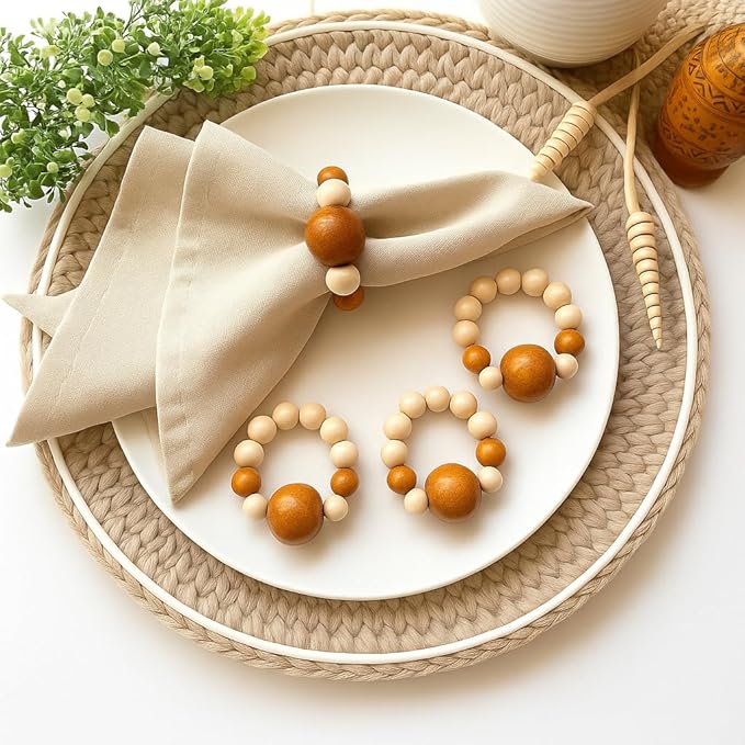 Napkin Rings Set of 6 - Modern Napkin Holder Rings with Wooden Beads | Dinner Napkin Ring for Holiday & Christmas, Birthday Party, & Wedding Decor - Farmhouse Napkin Rings Bulk (Dari)