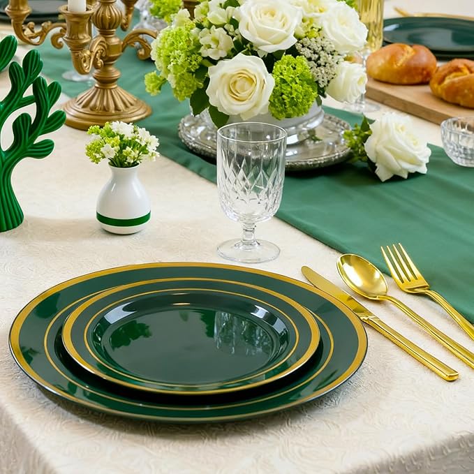 200PCS Green Plastic Plates, Green Disposable Plates with Gold Rim Include 100 Dinner Plate 10 inch and 100 Dessert Plate 7 inch Perfect for Party & Wedding