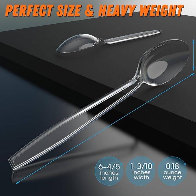 168pc 6.8" Clear Plastic Spoons Heavy Duty with Heat Resistant & BPA Free, Solid and Durable Plastic Cutlery, Premium Disposable Spoons for Party Supply
