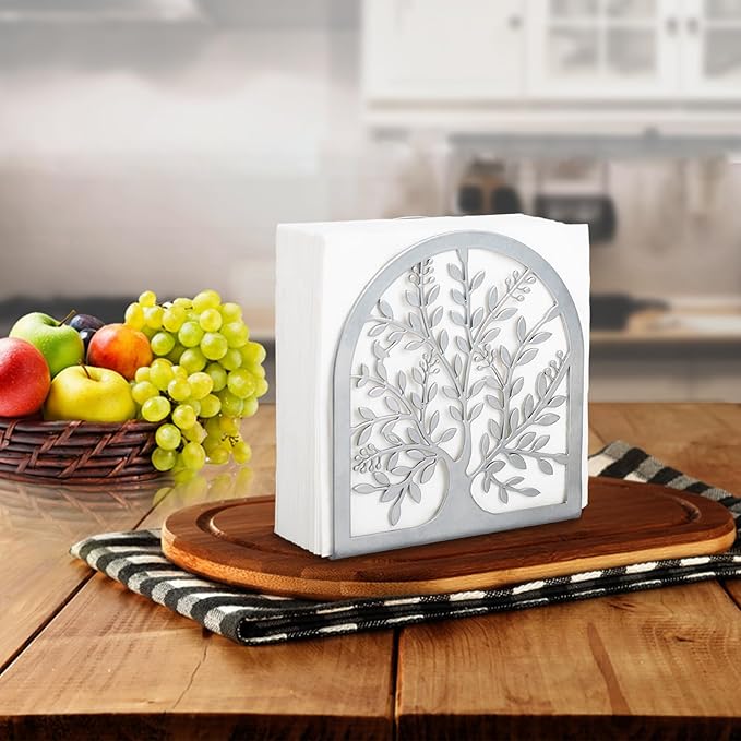 Napkin Holder for Tables, Tree of Life Design Modern Metal Napkin Holder for Home Kitchen & Picnic Party, Silver Grey