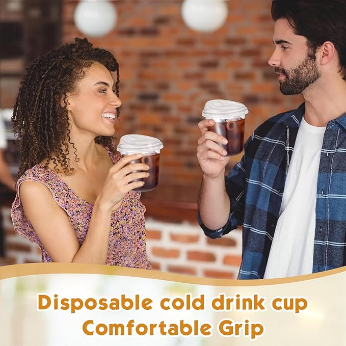 Baderke 50 Pcs Plastic Cups with Sip Lids Round Bottom Disposable Plastic Coffee Cups with Lids Clear Strawless Crystal Mugs for Iced Coffee Smoothie Cold Beverage Party Catering Supplies (12 oz)