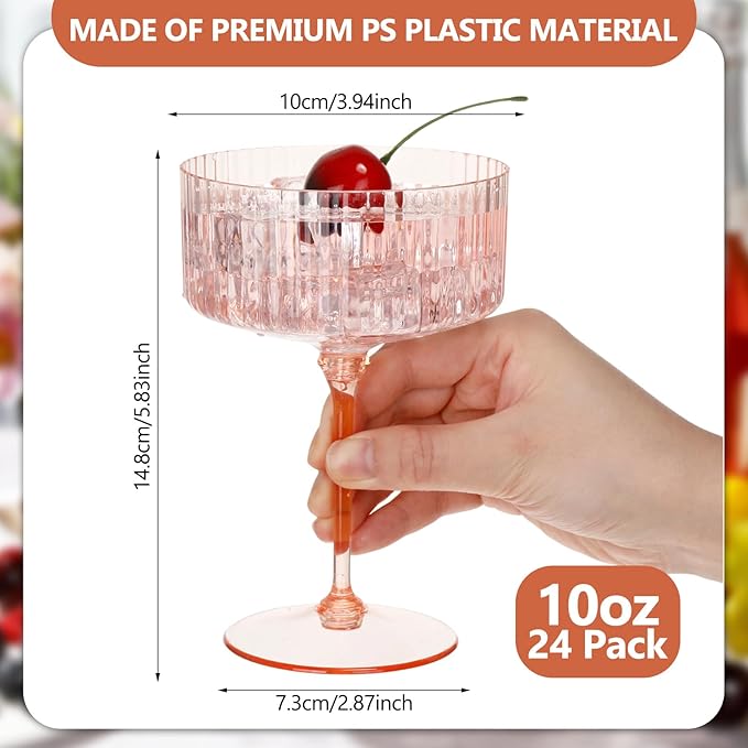 24 Pcs Ribbed Martini Glasses 10 oz Disposable Plastic Vintage Ribbed Coupe Glasses Unbreakable Dessert Parfait Glassware for Wedding Birthday Party Supplies (Champagne Powder)