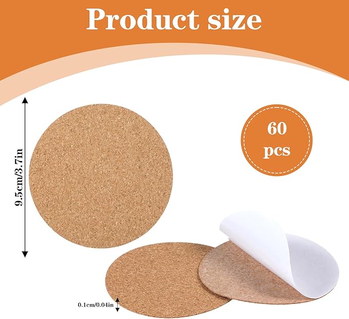 60 Pcs Self Adhesive Cork Coasters, Round Cork Backing for Coasters, Self Adhesive Coaster Rounds Backing Pads for DIY Crafts Drinks Home Tabletop Decorations