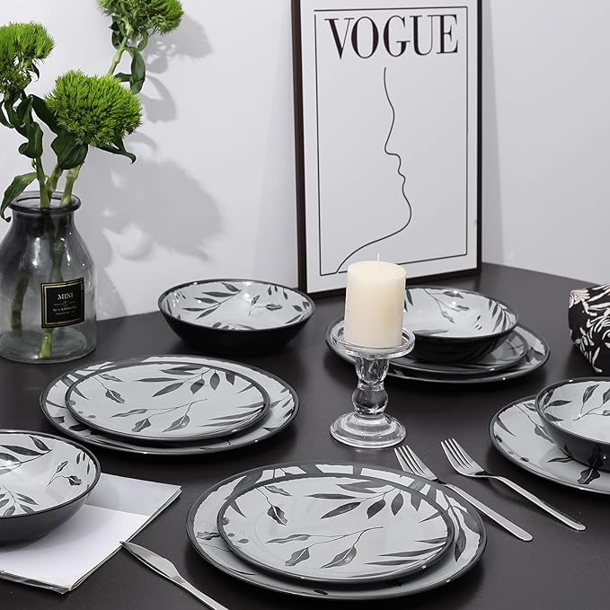 12pcs Melamine Dinnerware Set - Service for 4 Melamine Plates and Bowls Set, Unbreakable Dinner Salad Dessert Plate, Cereal Bowl Set for Indoor/Outdoor, Gray Leaf