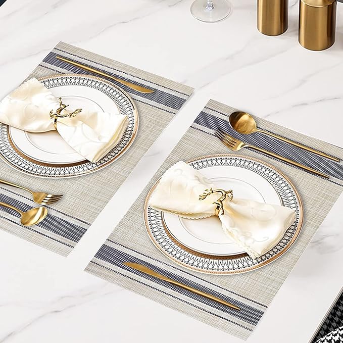DACHUI Placemats Set of 4, Soft & Elegant Woven Vinyl Place Mats, Water Resistant, Heat Resistant, Washable, Durable Table Mats (Blue Stripes)