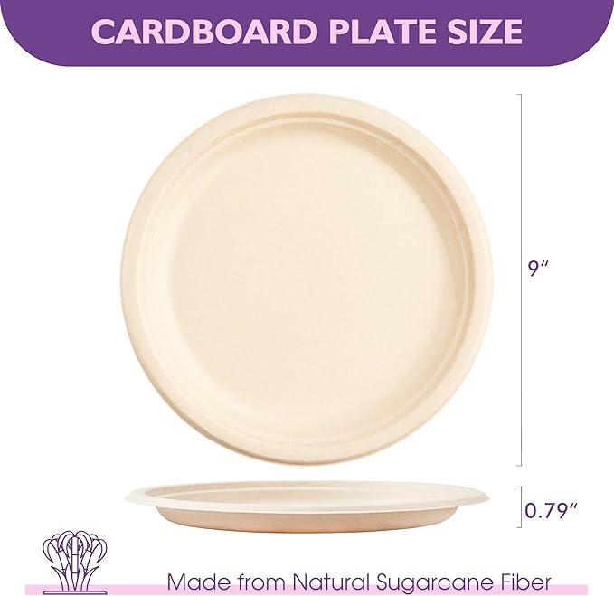 9 Inch 125 Pack Compostable Paper Plates, Biodegradable Heavy Duty Disposable Plates, Round Unbleached Brown Plates Made from Natural Sugarcane Fibers, for Party, Camping, Picnic