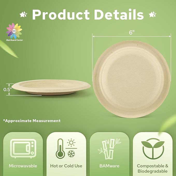 Mat Board Center, 6-Inch, 1000-Count, Compostable Plates, Natural Bamboo Fibers, Everyday Tableware -– Disposable Round Shape - Microwave-Safe - Gluten-Free - Eco-Friendly