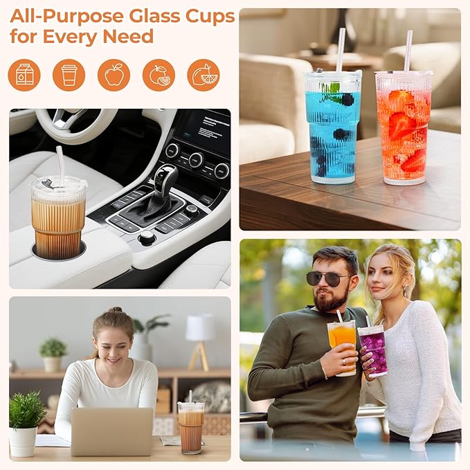 6 Pack 20 Oz Glass Cups with Lids and Straws Iced Coffee Cups Vintage Ribbed Glassware for Beer Ice Coffee Fruit Juice Elegant Aesthetic Cup Glass Iced Coffee Tumbler Include 3 Cleaning Brushes
