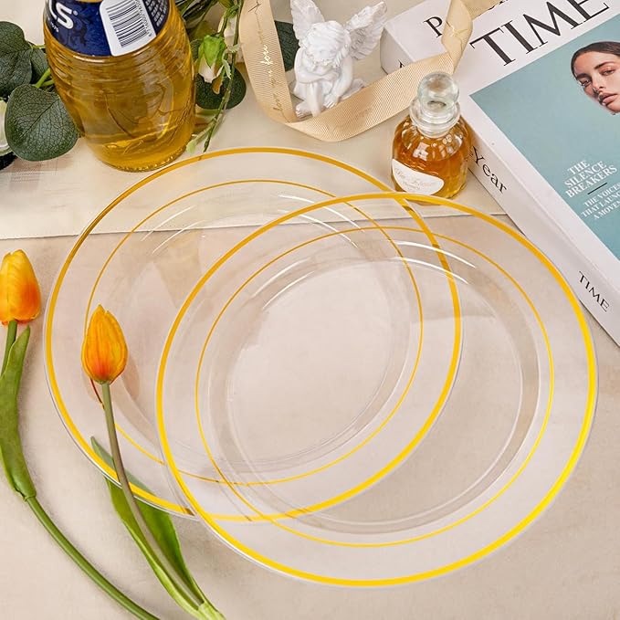 I00000 60PCS Clear Gold Plastic Plates, Clear Plates With Gold Rim 10 Inch,Fancy Disposable Wedding Plate Heavy Duty Plastic Plate for Birthday, Wedding & Party