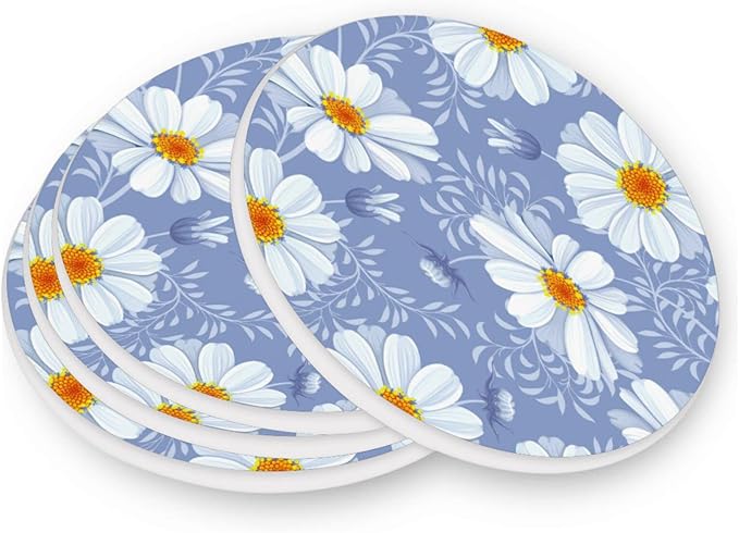 Coasters for Drinks Cup Coasters for Coffee Table Desk Cup Mat Cork Backing for Coasters Round Home Decor Daisy Floral Purple