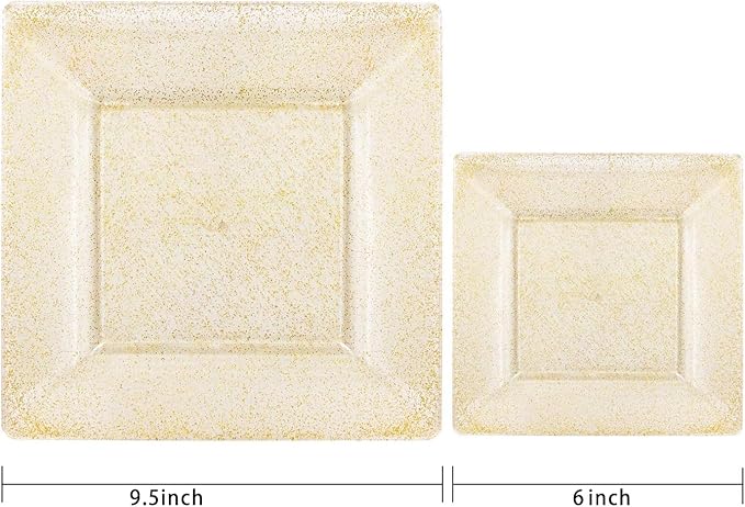 Liacere 60Pieces Gold Glitter Plastic Plates - Premium Square Disposable - Include 30PCS 9.5inch Gold Dinner - 30PCS 7inch Gold Dessert/Salad Plates for Party&Wedding&Christmas