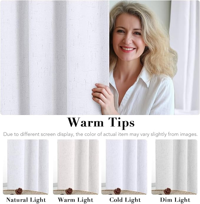 H.VERSAILTEX Linen Curtains 100% Blackout Curtains for Bedroom 90 inch Long Full Light Blocking Nature Linen Blended Window Curtains for Living Room Nickel Grommet (2 Panels, Bright White)