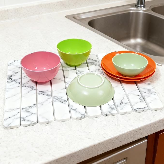 Large Stone Drying Mat for Kitchen Counter, Collapsible Dish Drying Mat Quick Drying Super Absorbent Diatomaceous Earth Mat, Drain Pad for Dishes Bottles Cups Match Any Countertop 24" x 16"