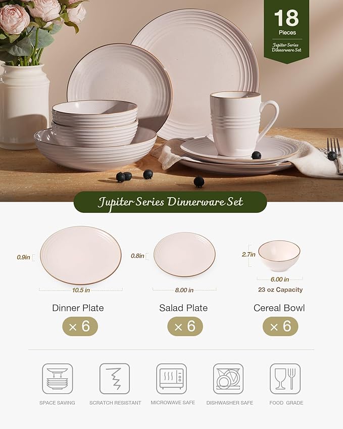Famiware Jupiter Dinnerware Set, Plates and Bowls Dish Sets for 6 (18 Pieces), Microwave and Dishwasher Safe Stoneware Speckled Tableware, Chip and Scratch Resistant, Light Pink