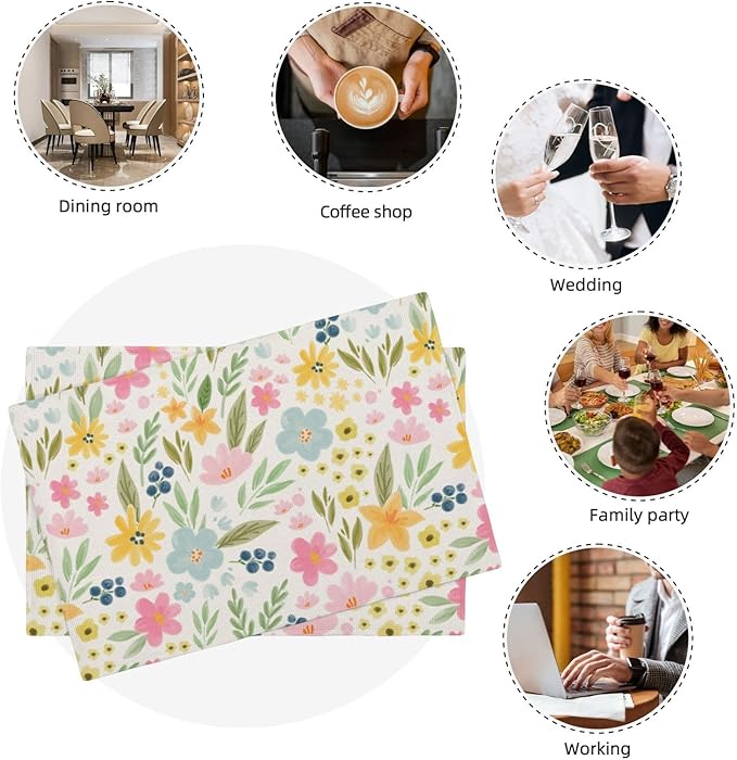 Yellow Pink Blue Floral Spring Placemats Set of 4, 12x18 Inch Watercolor Flower Decorative Table Mats Summer Seasonal Holiday Table Placemats for Party Home Kitchen Dining Table Decoration