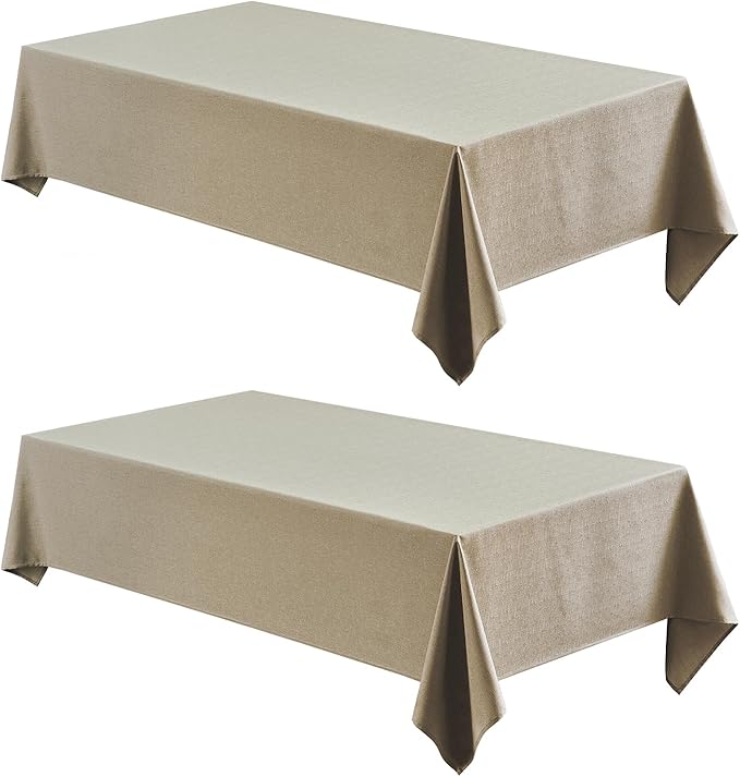 2 Pack Rectangle Tablecloth, 52x70 inch, Water Resistant Wrinkle Free Linen Textured Table Cloth Washable, Decorative Fabric Table Cover for Dining, Party and Camping, Mocha