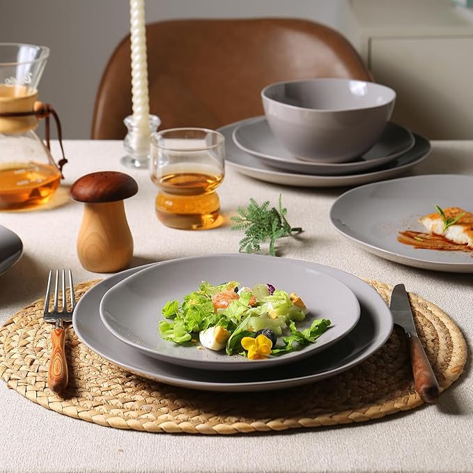 Dinnerware Sets for 6, 18 Pieces Stoneware Plates and Bowls Sets, Dishwasher&Microwave Safe,Modern Minimalist Tableware for Everyday Use, Grey