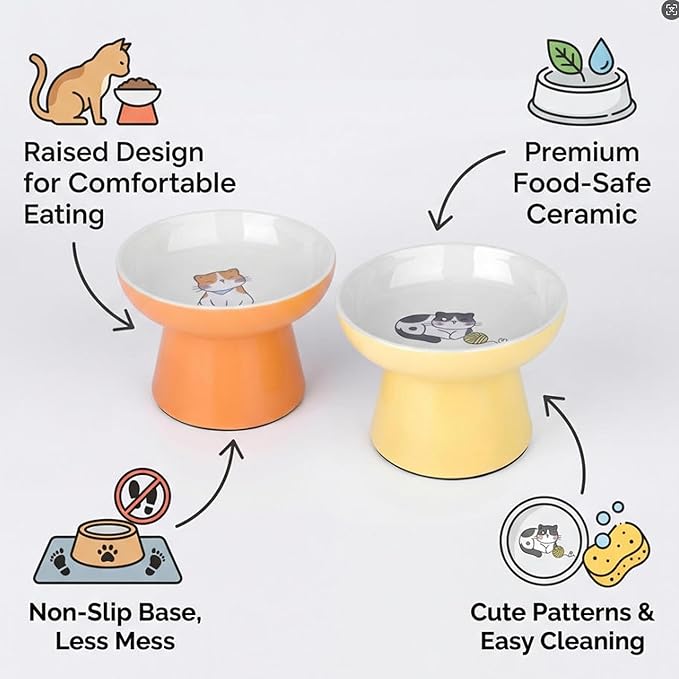 Elevated Cat Bowls,2 Pcs Ceramic Raised Cat Food Bowls with Non-Slip Base,Whisker-Friendly Shallow Design,Lead & Cadmium Free Pet Feeder,Dishwasher and Microwave Safe (Orange&Yellow)