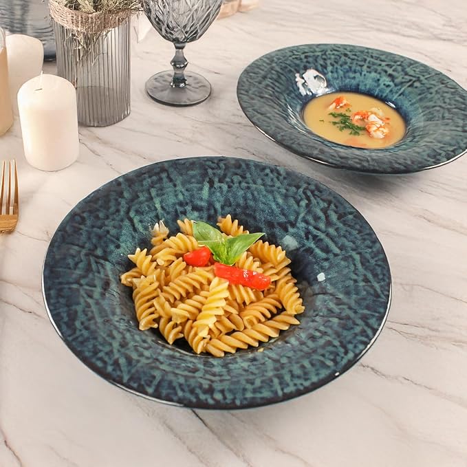 Ceramic Pasta Bowls, 6.8 oz Pasta Plates, Reactive Glaze Pasta Bowl Set of 4, Large Wide Serving Bowls for Salad, Dessert, Fruit, Microwave & Dishwasher, Oven Safe