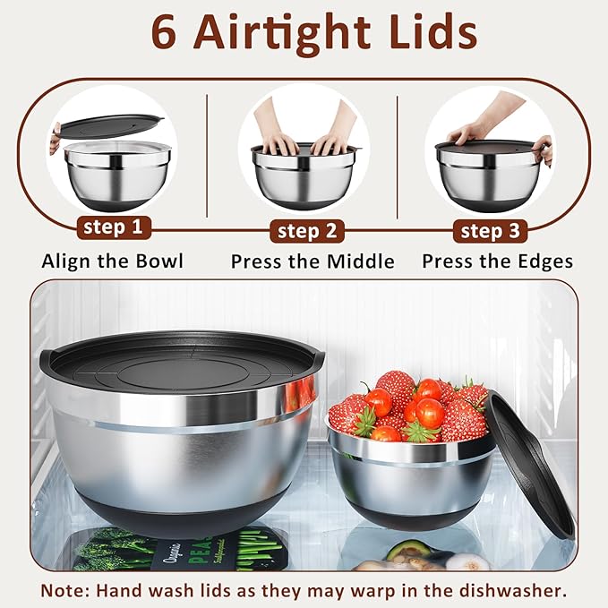 9 Pack Mixing Bowls with Airtight Lids Set, Stainless Steel Mixing Bowls with Grater Attachments, Nesting Kitchen Bowl Set with Non-Silp Bases, Size 5, 4, 3, 2, 1.5,1QT, Black