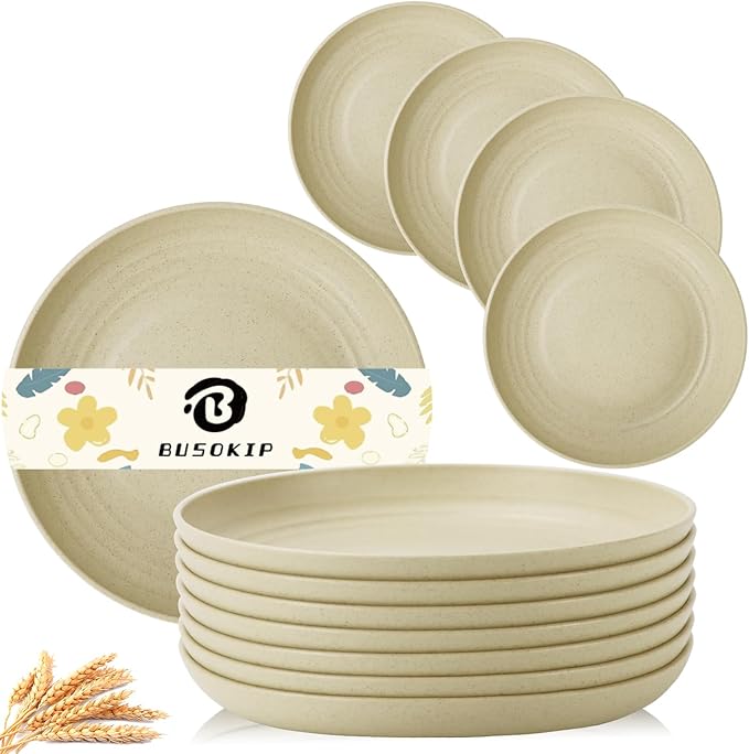Wheat Straw Dinner Plates Set of 8, 10 Inch Beige, Lightweight & Unbreakable, Microwave & Dishwasher Safe Kids Plates