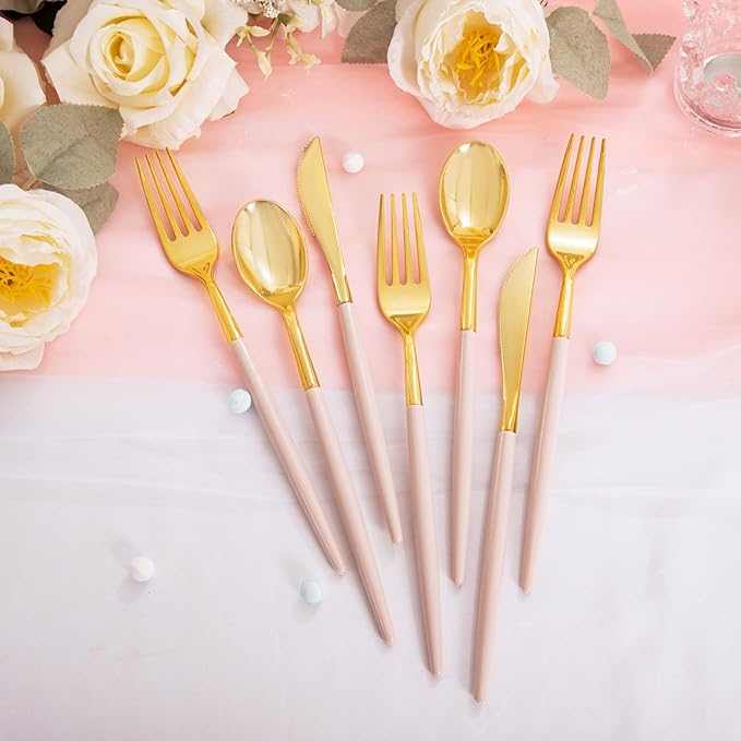 Rubtlamp 90Pcs Gold Plastic Silverware, Valentine's Day Utensils Set With Pink Handles Include 30 Gold Knives, 60Plastic Forks and Spoons, Pink Silverware Heavy Duty For Mother's Day