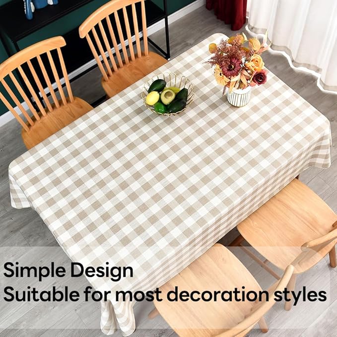 Gingham Tablecloth Rectangle Table Cloth Heavy Duty Cotton Checkered Table Cover for Spring Picnic Kitchen Dining(C-Beige, 52x98 inch)